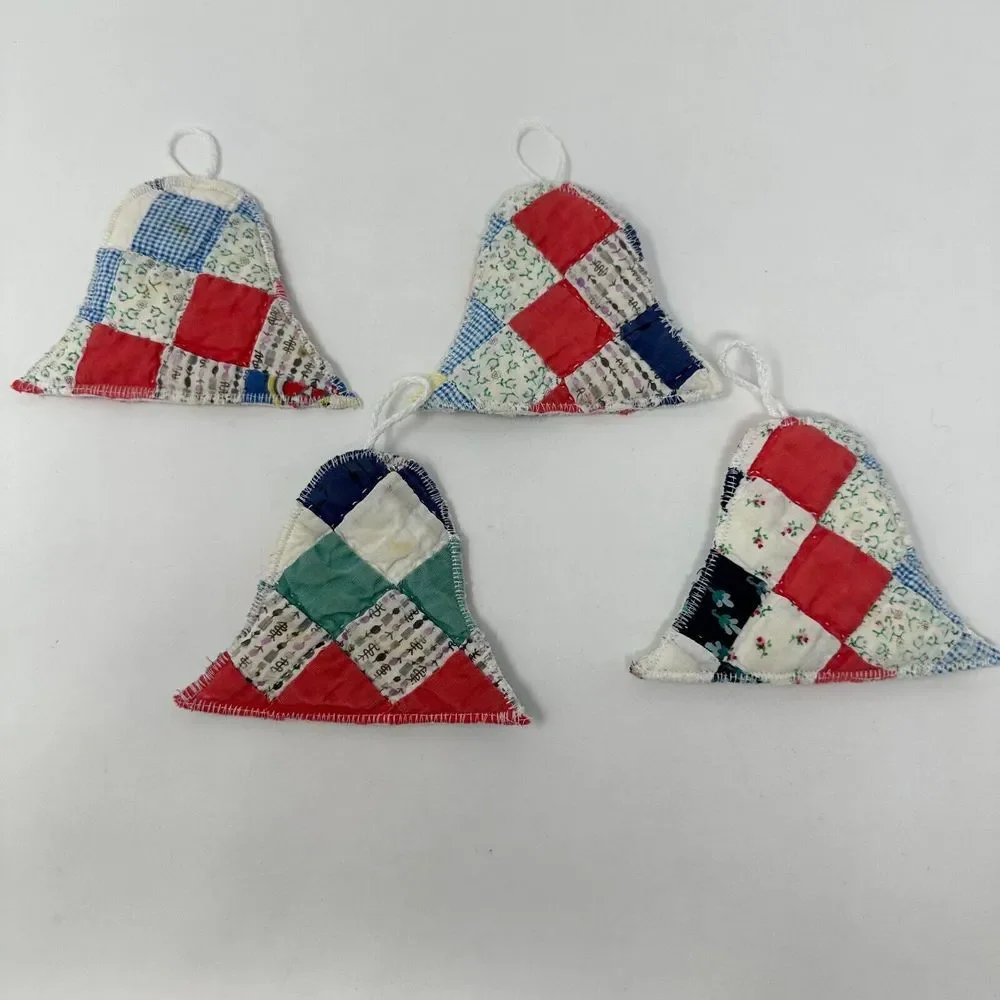 Vintage Hand Quilted Christmas Ornaments Bells Lot of 4